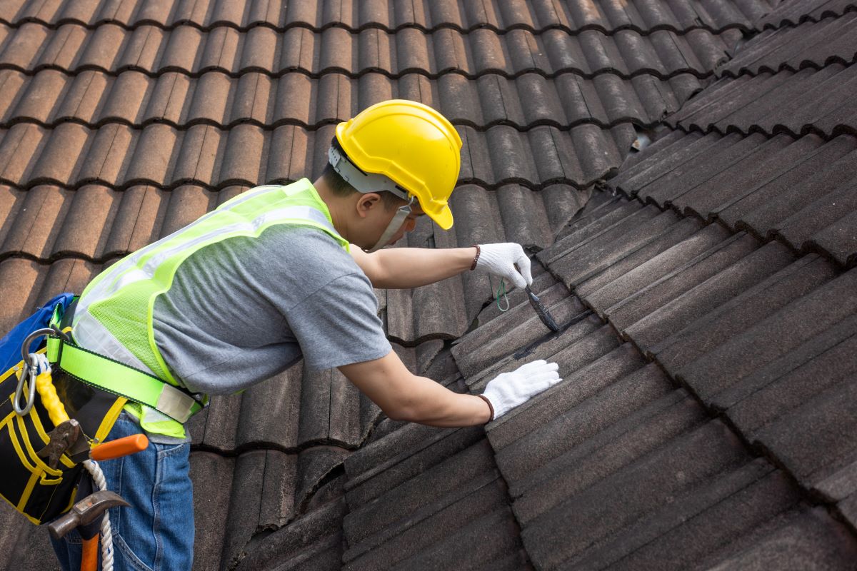 Roof painter cleaning and preparing tiled roof in Yeronga, Brisbane